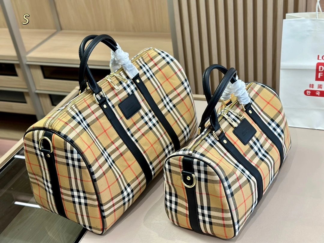 Burberry Check Print Duffle Bag Black Gray Travel Bag - 2