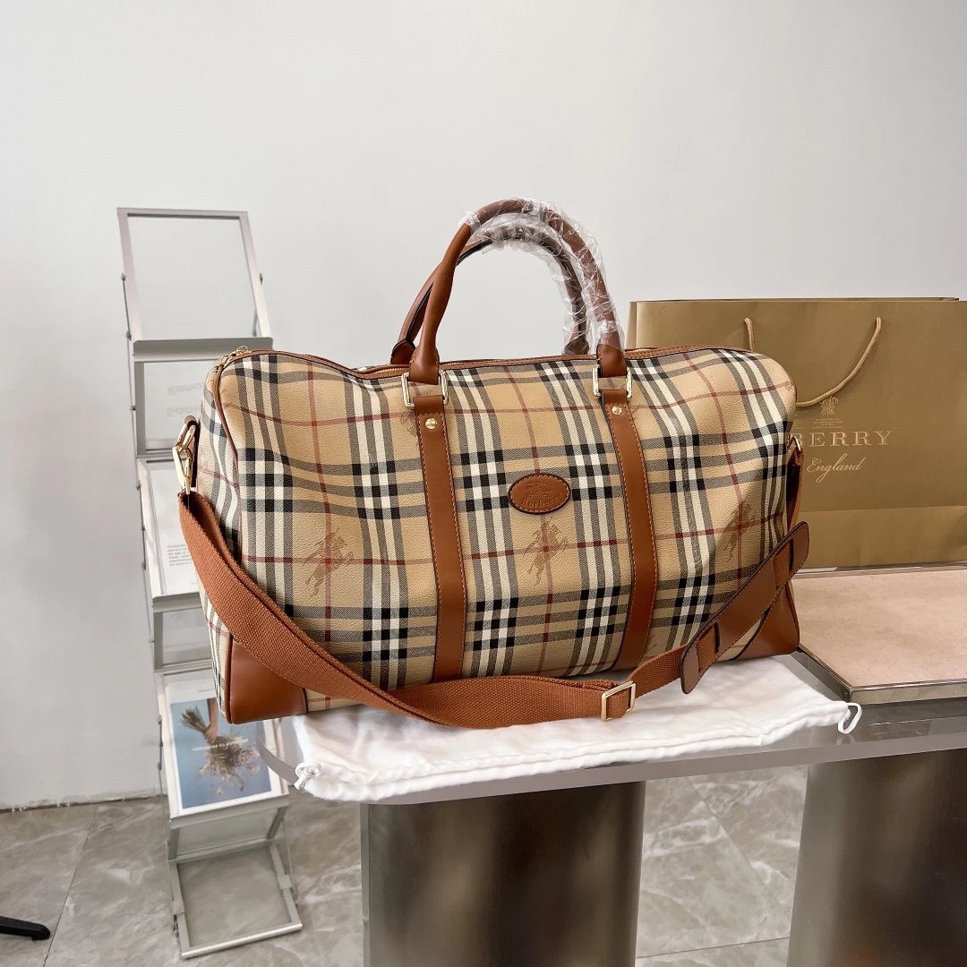 Burberry Check Print Duffle Bag Black Gray Travel Bag - 3