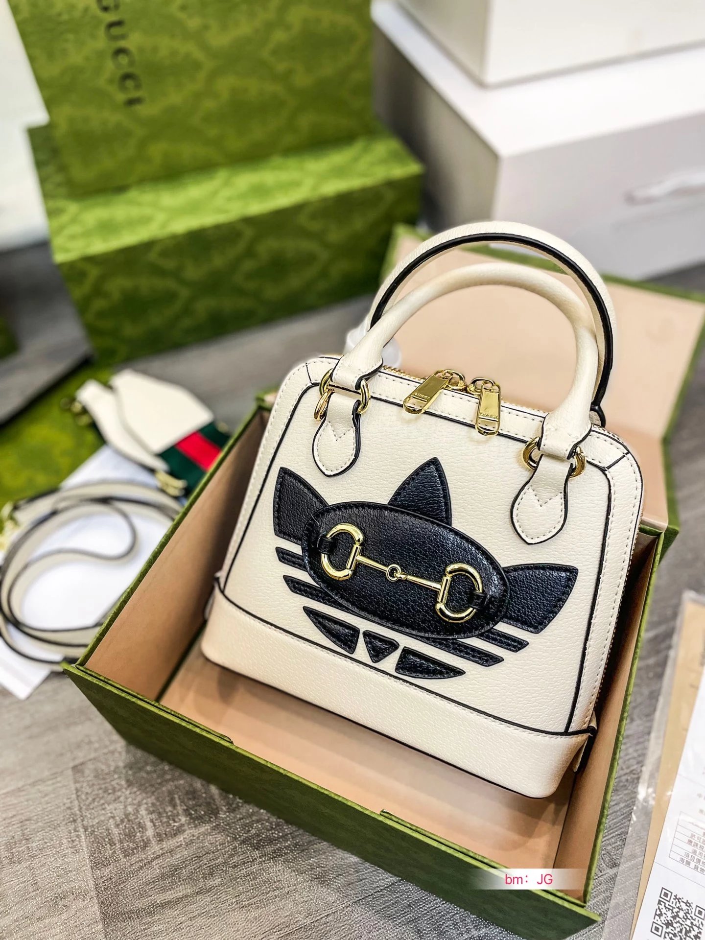 Gucci Mini Boston Bag Black and White Horsebit Cat Motif Handbag - 8