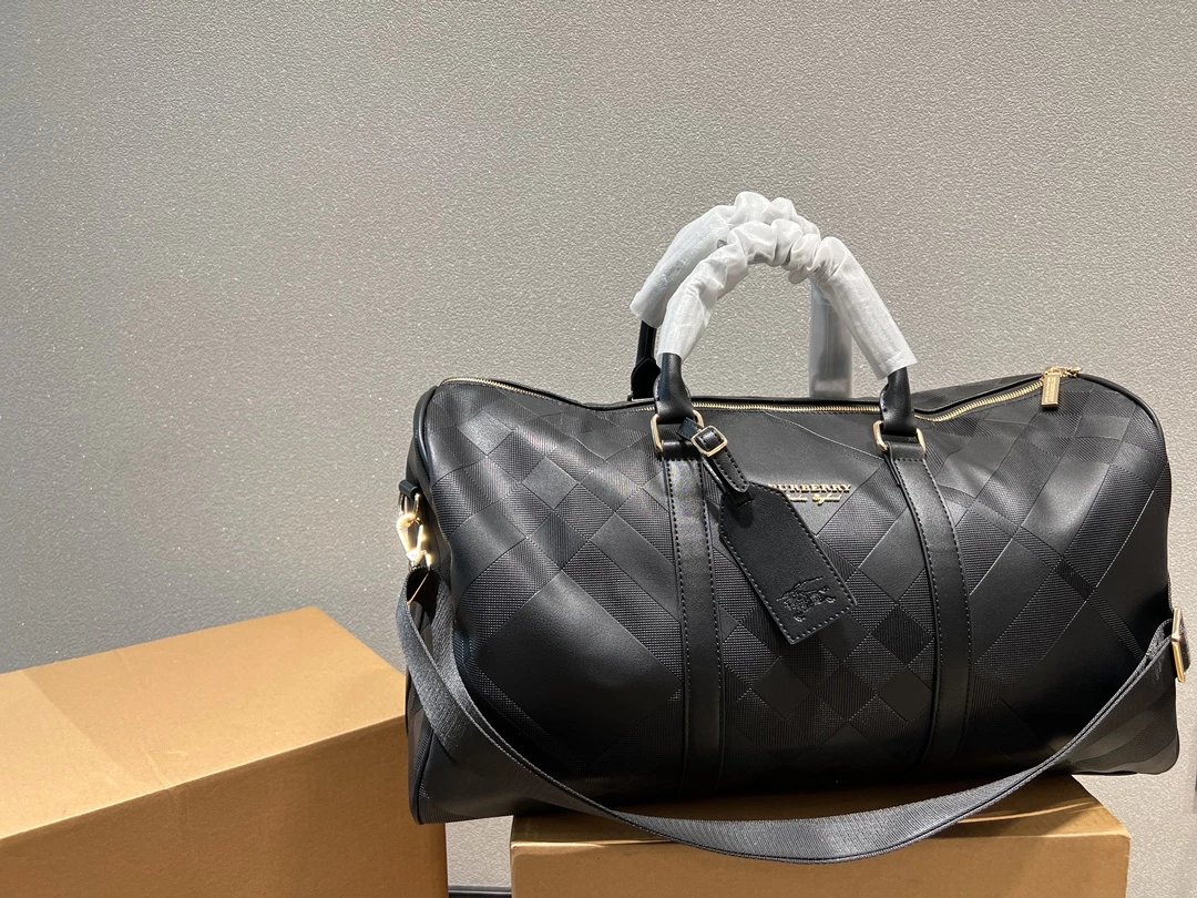 Burberry Check Print Duffle Bag Black Gray Travel Bag - 5