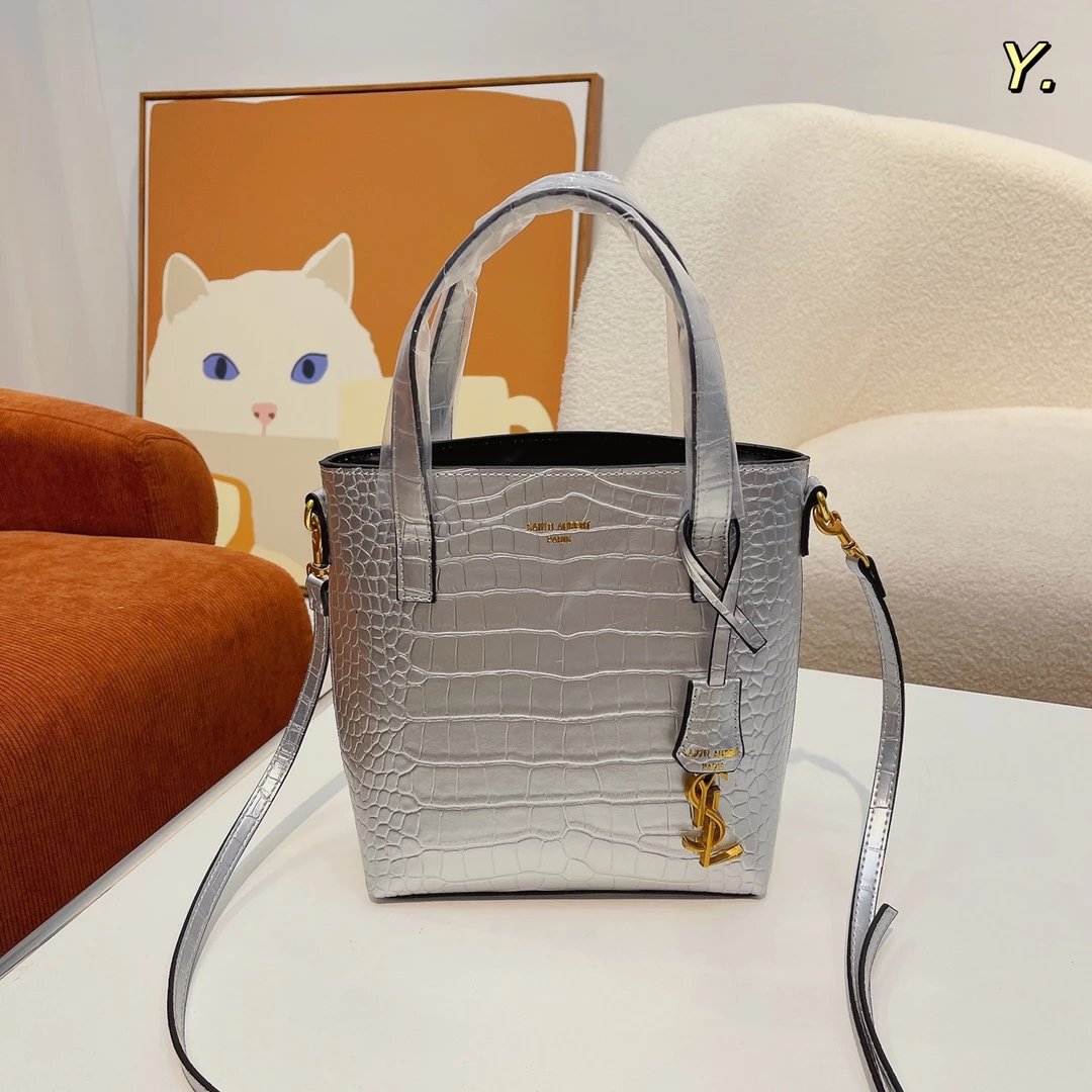 Saint Laurent Rive Gauche Straw Tote Bag Beige with Gray Leather Trim - 11