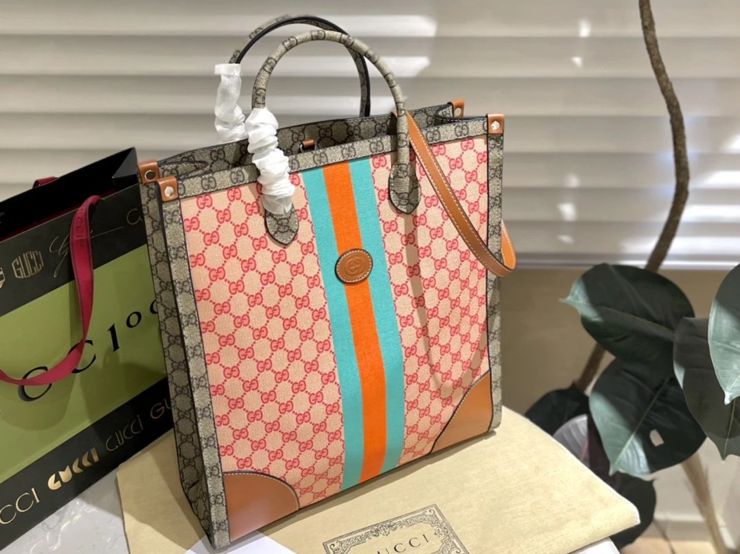 Gucci Ophidia GG Small and Medium Tote Bag Beige Canvas with Web Stripe Handbags - 10