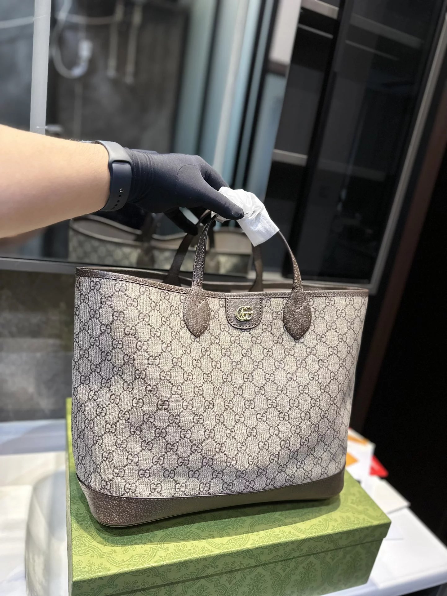 Gucci Bamboo Top Handle Tote in Tan with Sky Blue Trim and Web Strap Handbags - 10