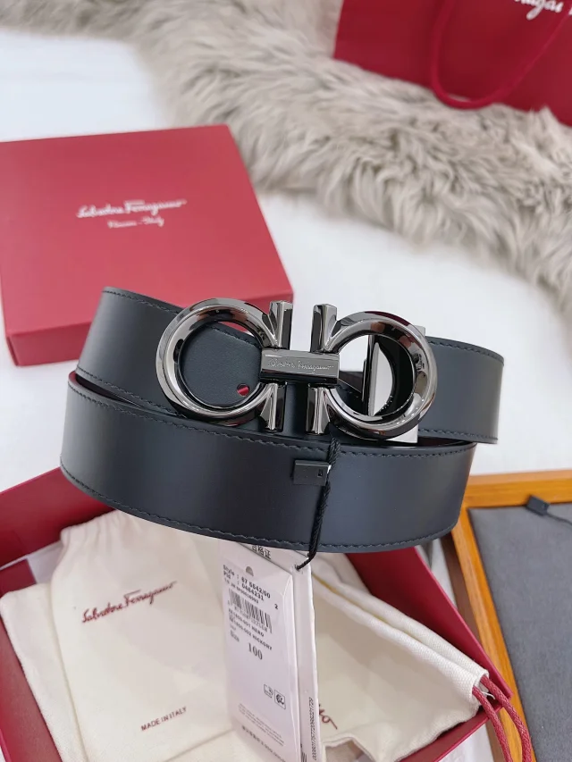 Salvatore Ferragamo Belts Black leather belt with double Gancini buckle product detail image 10