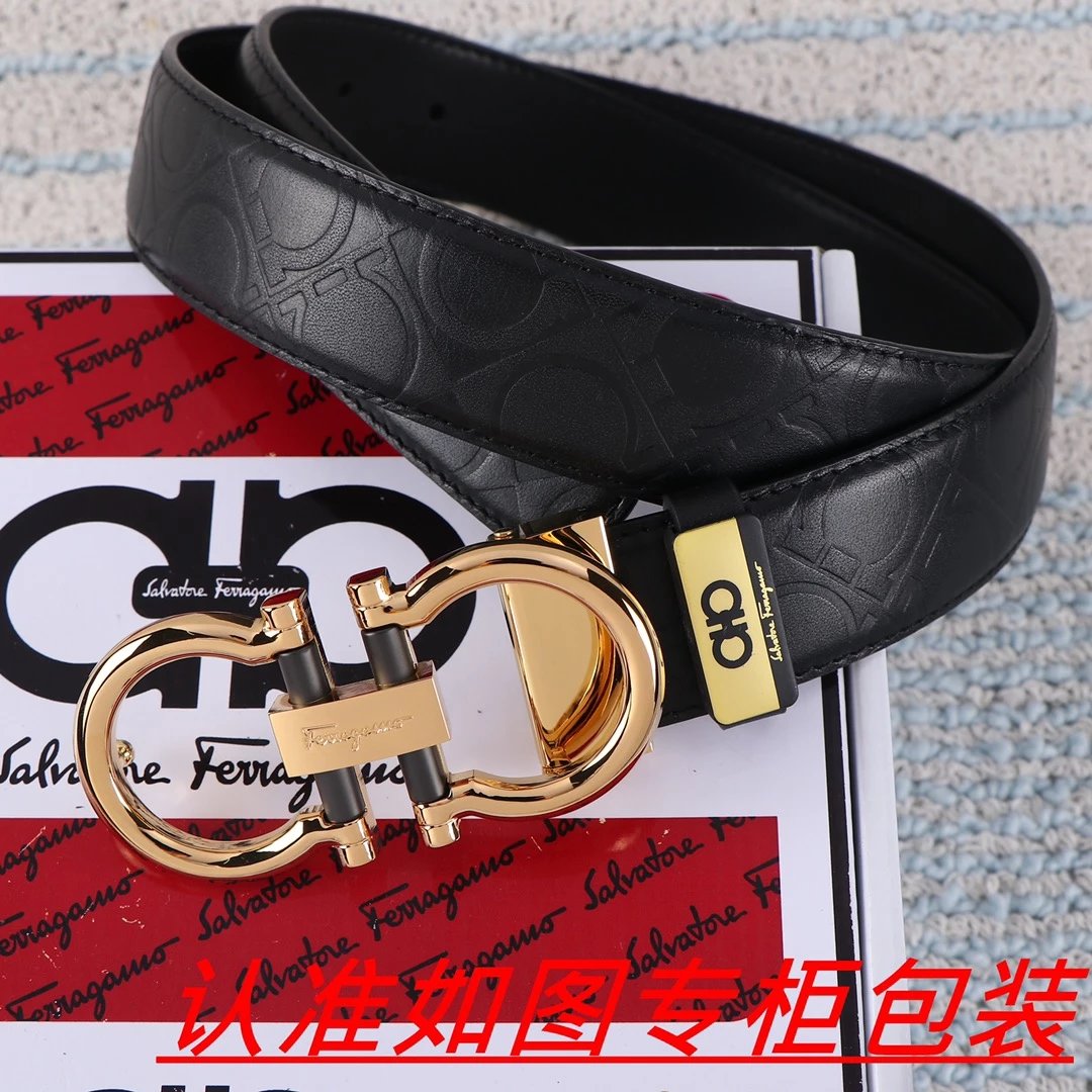 Salvatore Ferragamo Gancini Leaf-Embossed Gold Buckle Black Leather Belt - 4