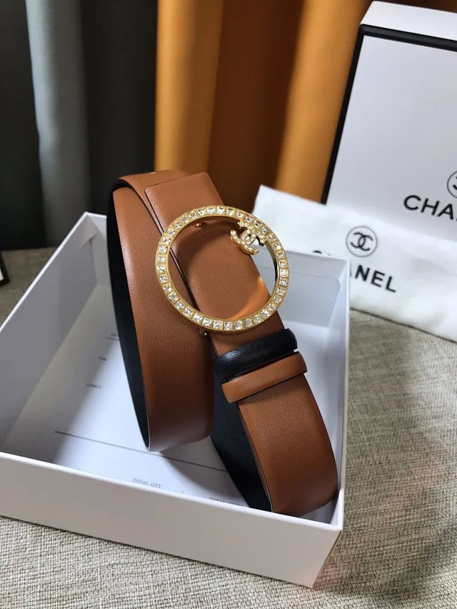 Chanel Belts Reversible belt with rhinestone circle buckle and interlocking CC detail product detail image 1