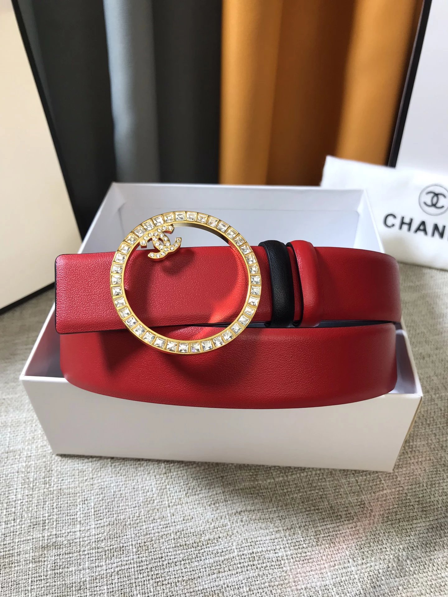 Chanel CC Circle Buckle Crystal-Embellished Red Leather Belt