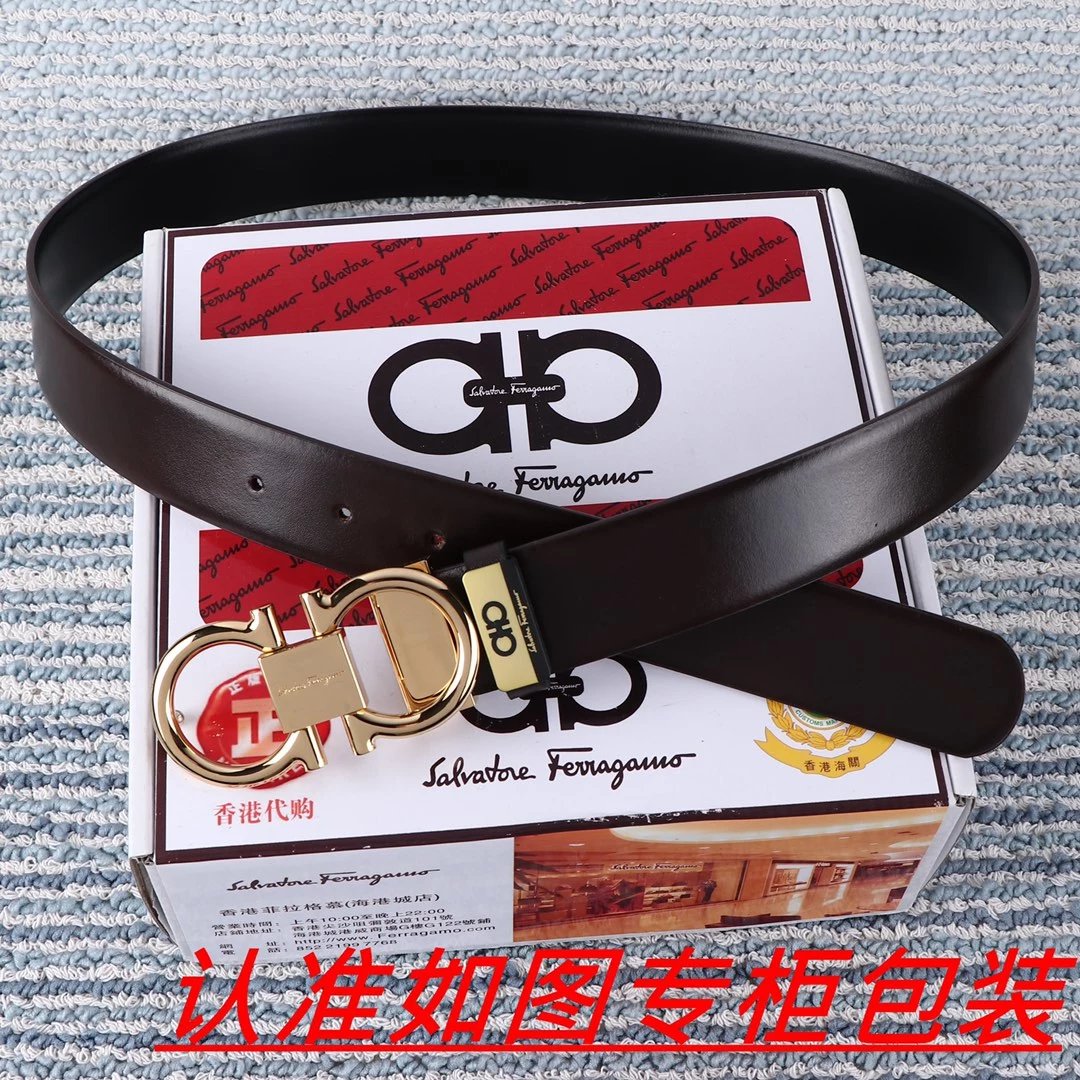 Salvatore Ferragamo Gancini Leaf-Embossed Gold Buckle Black Leather Belt - 14