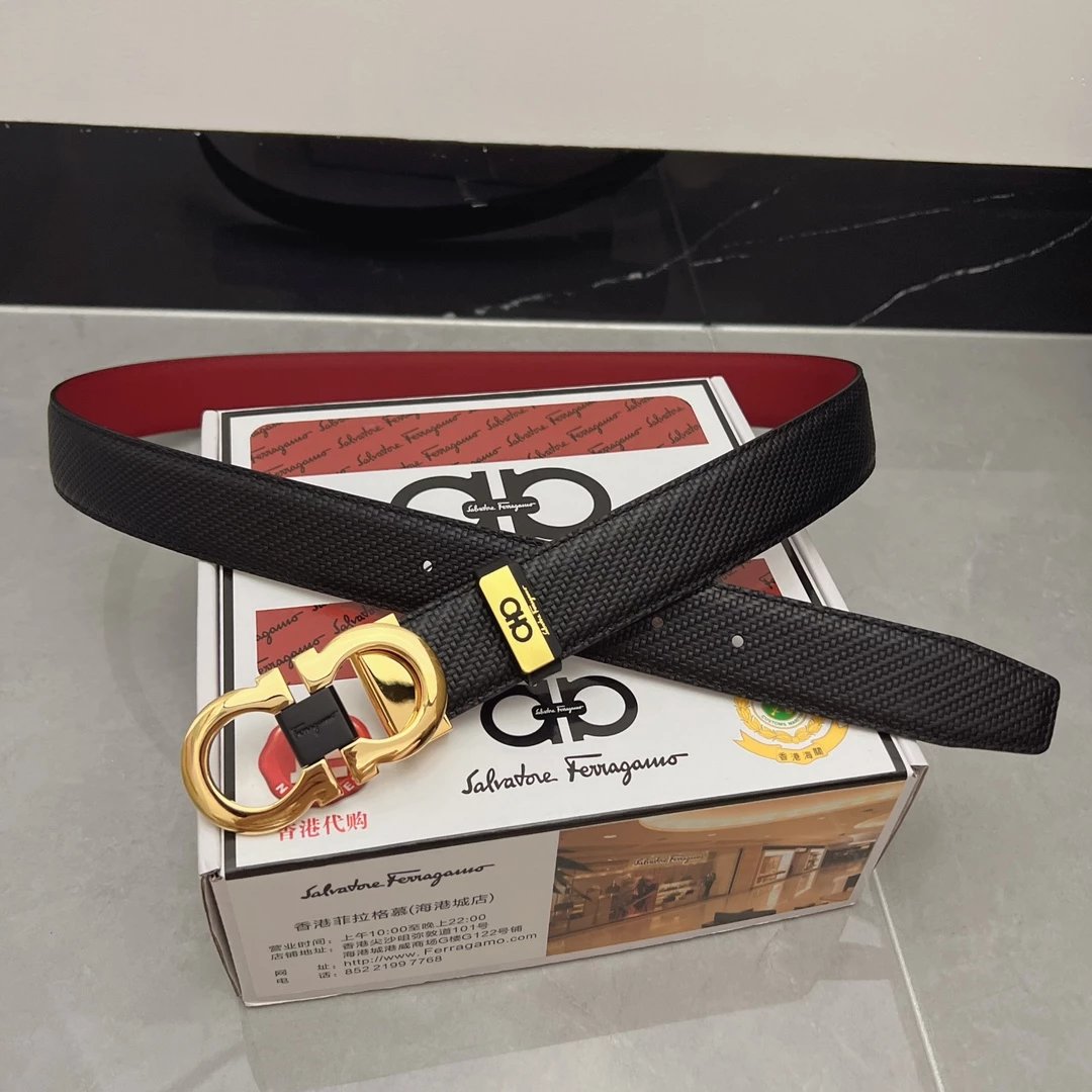 Salvatore Ferragamo Gancini Double Gancini Buckle Black Leather Belt - 12