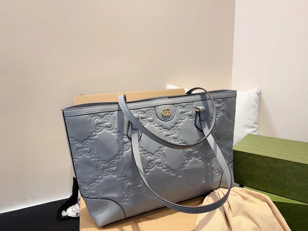 Gucci Bamboo Top Handle Tote in Tan with Sky Blue Trim and Web Strap Handbags - 5