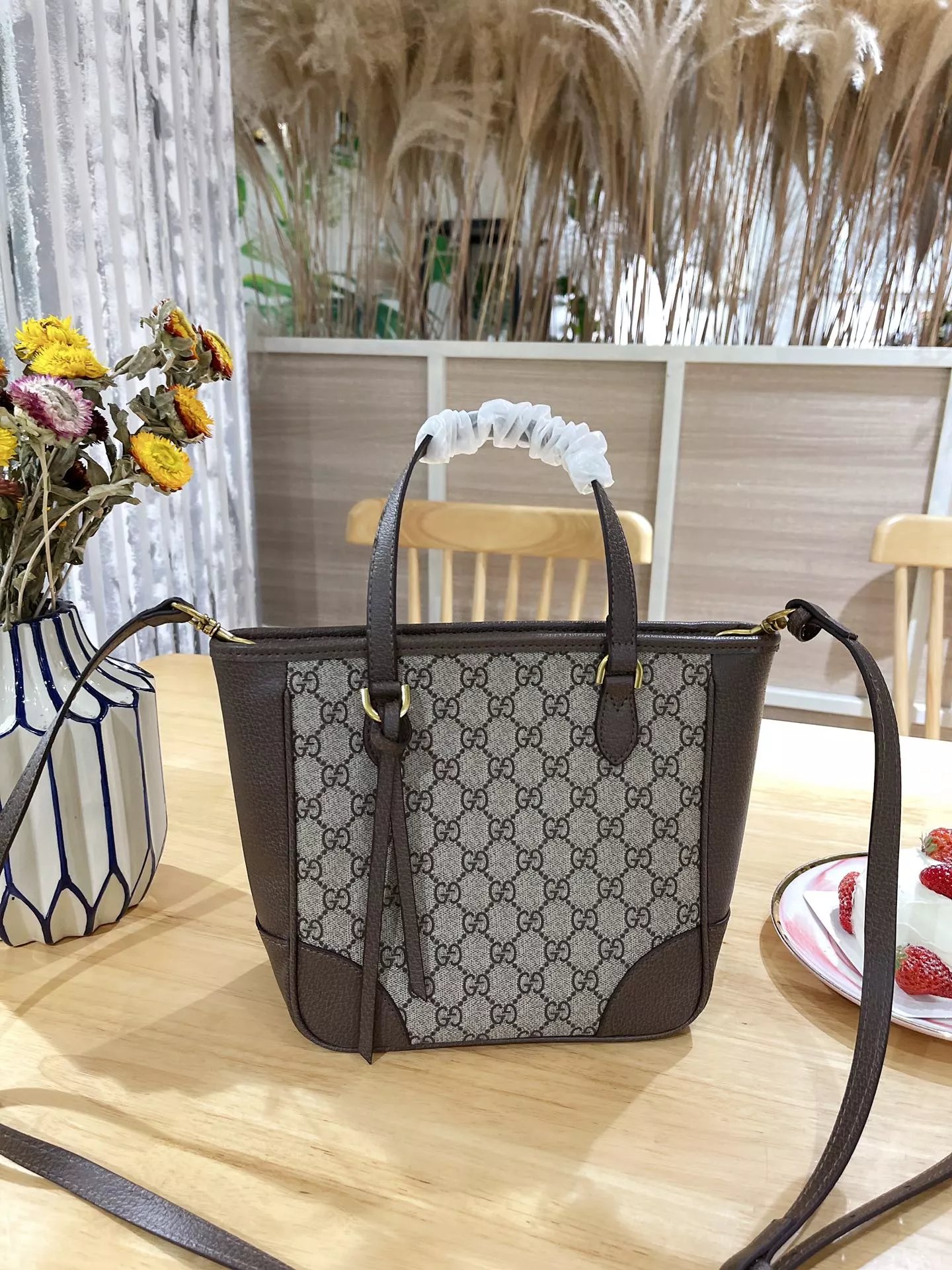 Gucci Ophidia GG Small and Medium Tote Bag Beige Canvas with Web Stripe Handbags - 4