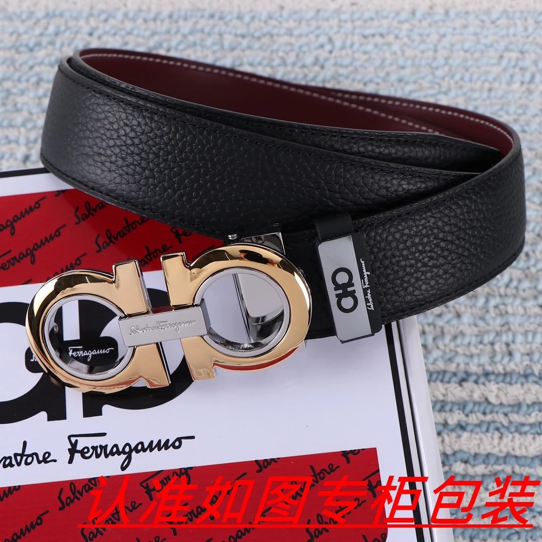 Salvatore Ferragamo Gancini Leaf-Embossed Gold Buckle Black Leather Belt - 6