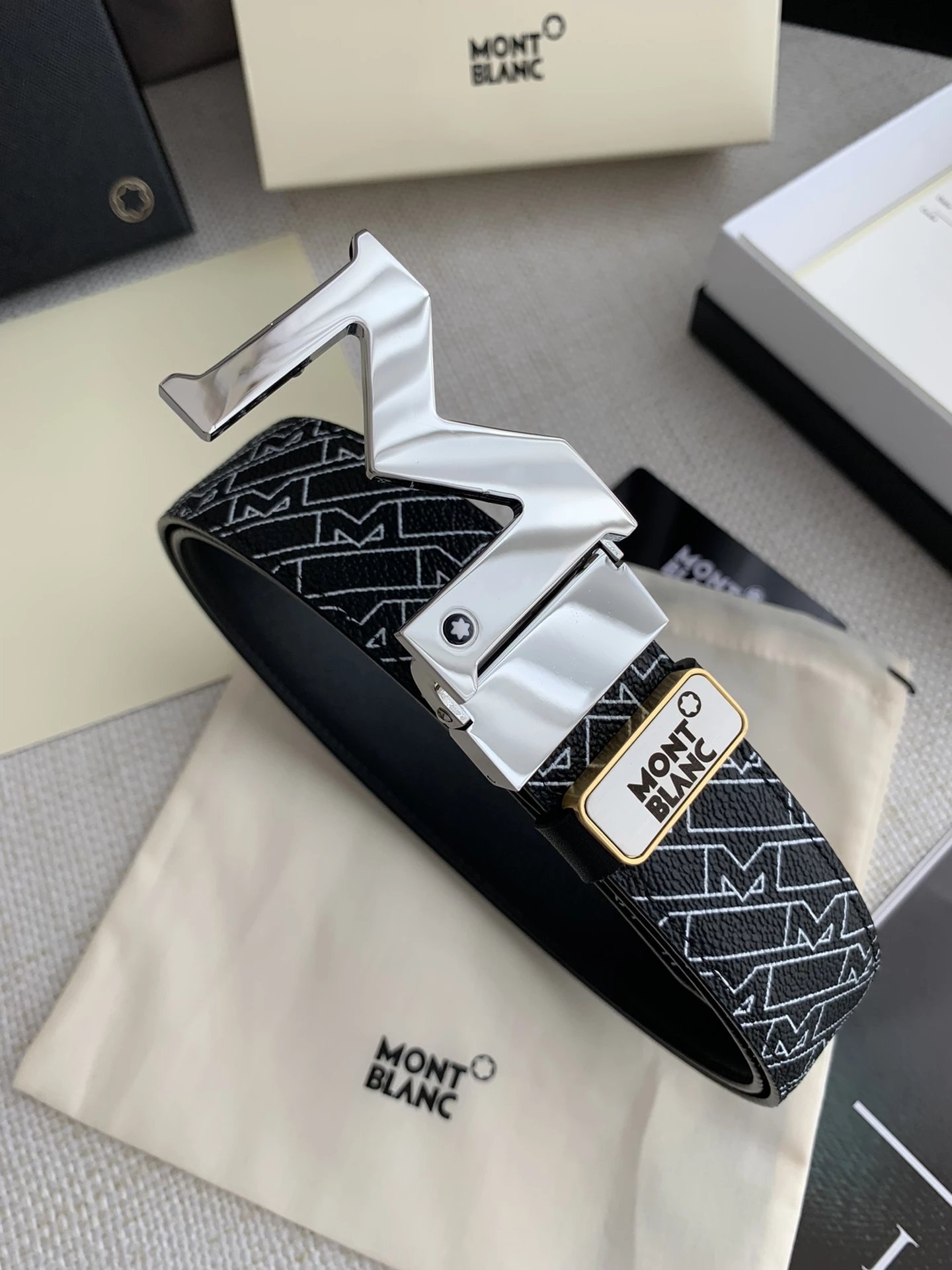 Design Montblanc M Pattern Leather Belt Black Gold Belts - 2