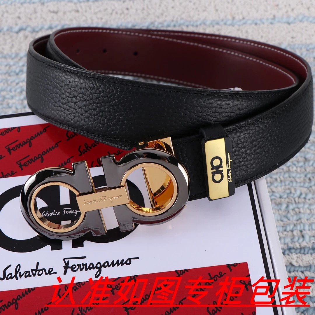 Salvatore Ferragamo Gancini Leaf-Embossed Gold Buckle Black Leather Belt - 5