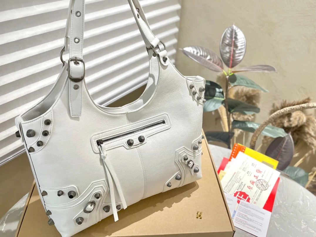 Balenciaga City Bag White Studded Leather Hobo Bag
