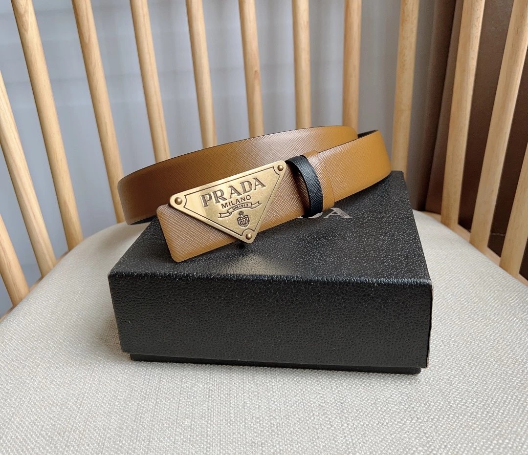 Prada Triangle Logo Saffiano Leather Belt Tan - 12