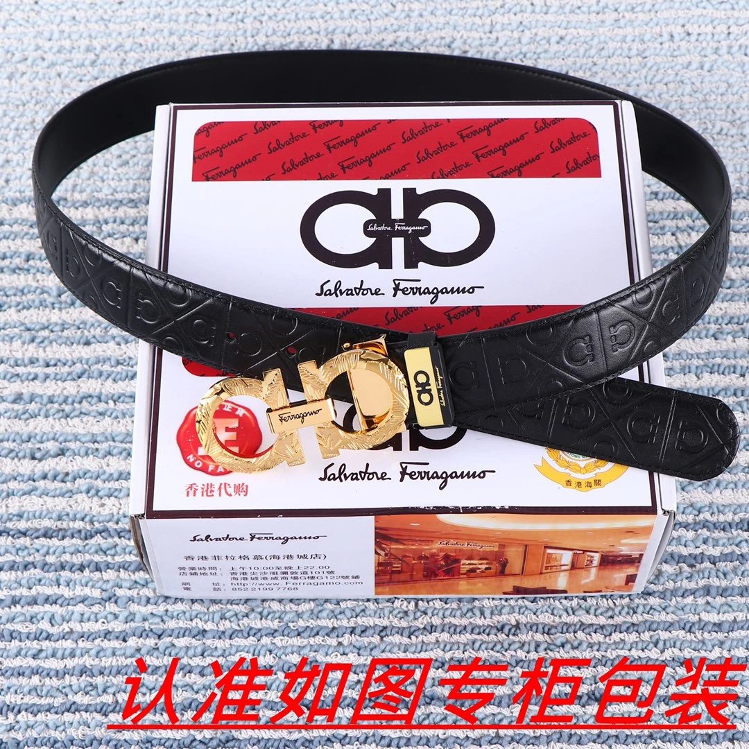 Salvatore Ferragamo Gancini Leaf-Embossed Gold Buckle Black Leather Belt - 12