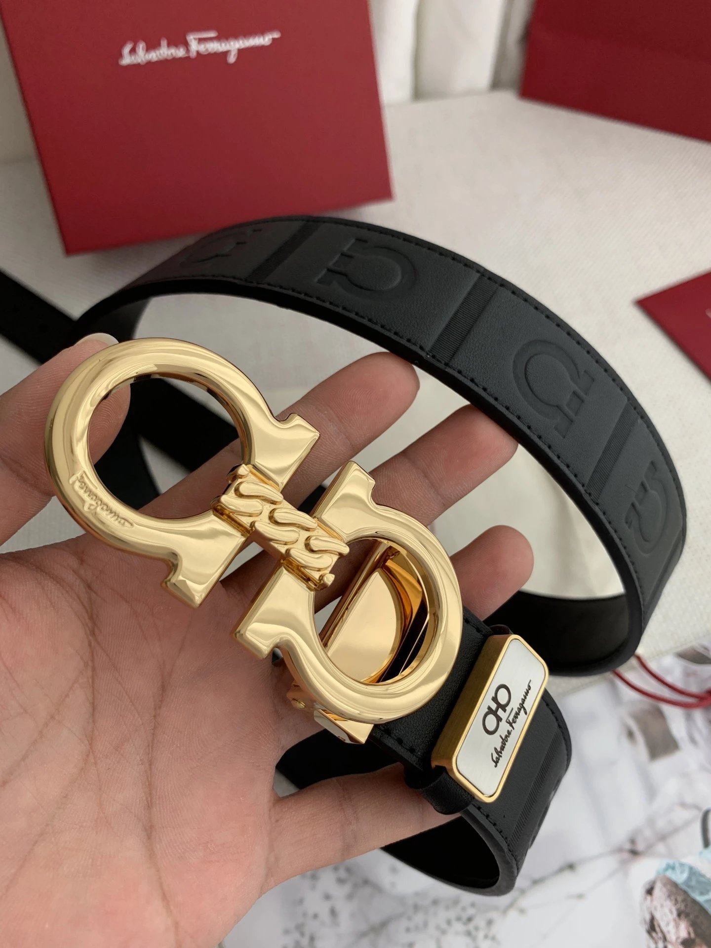 Salvatore Ferragamo Gancini Double Gancini Buckle Black Leather Belt - 5