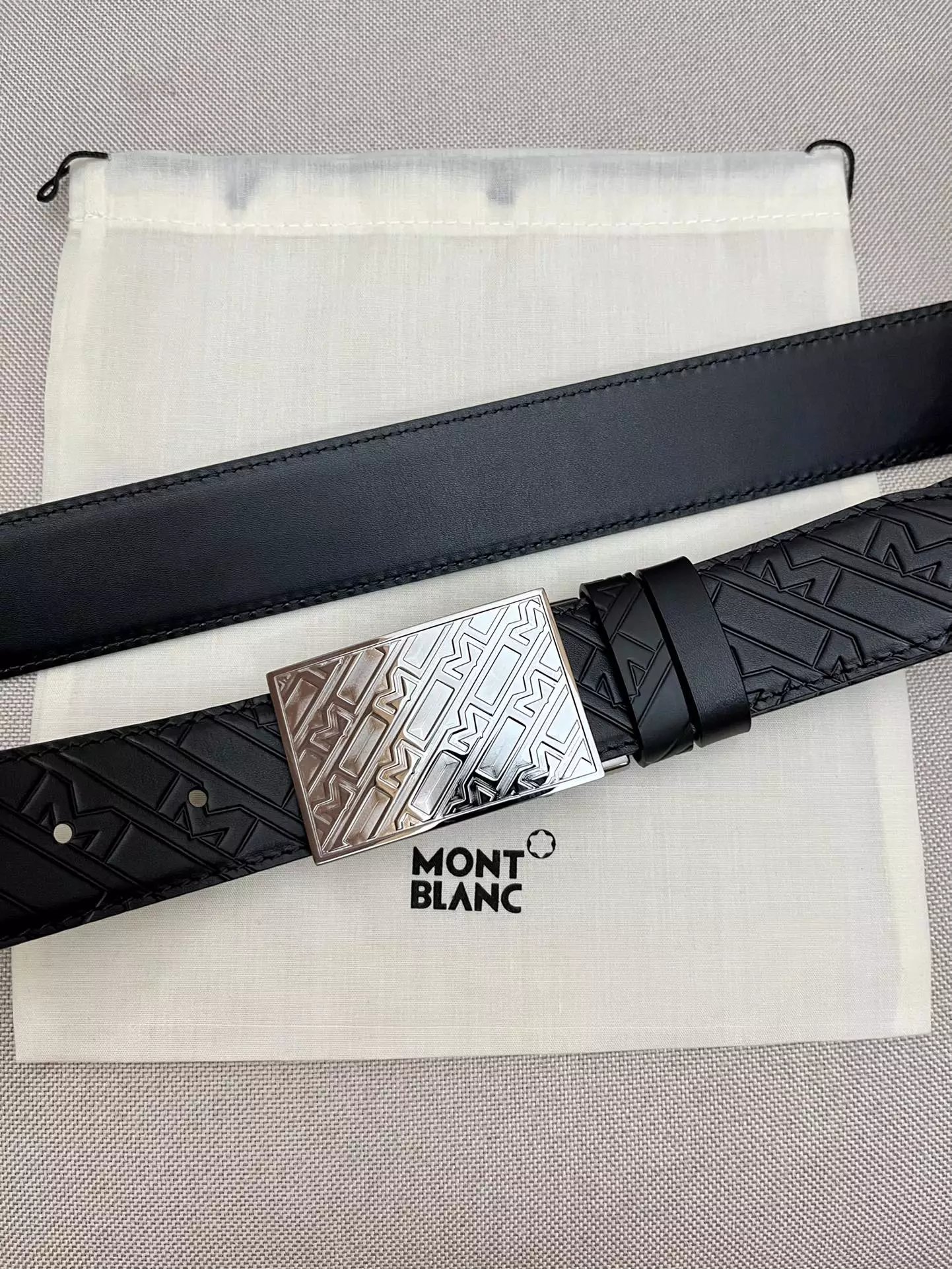 Design Montblanc M Pattern Leather Belt Black Gold Belts - 7