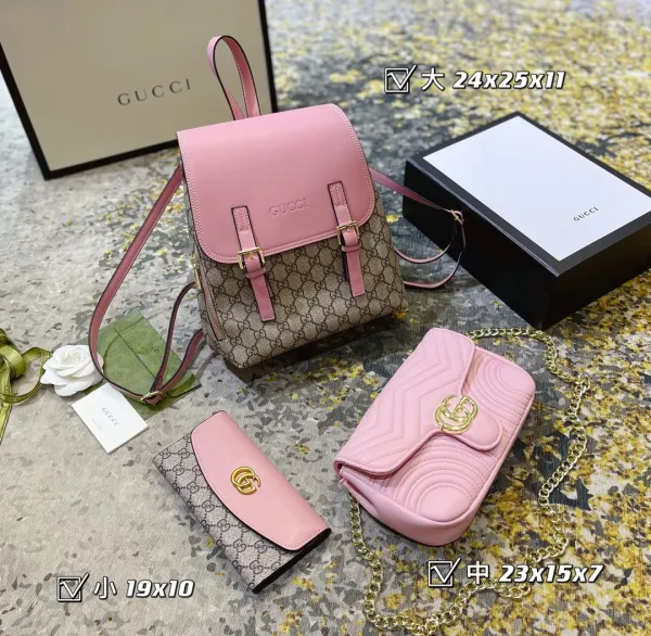 Gucci GG Marmont Quilted Pink Chain Bag, Ophidia GG Backpack, and GG Marmont Wallet Set Shoulder Bags - 1