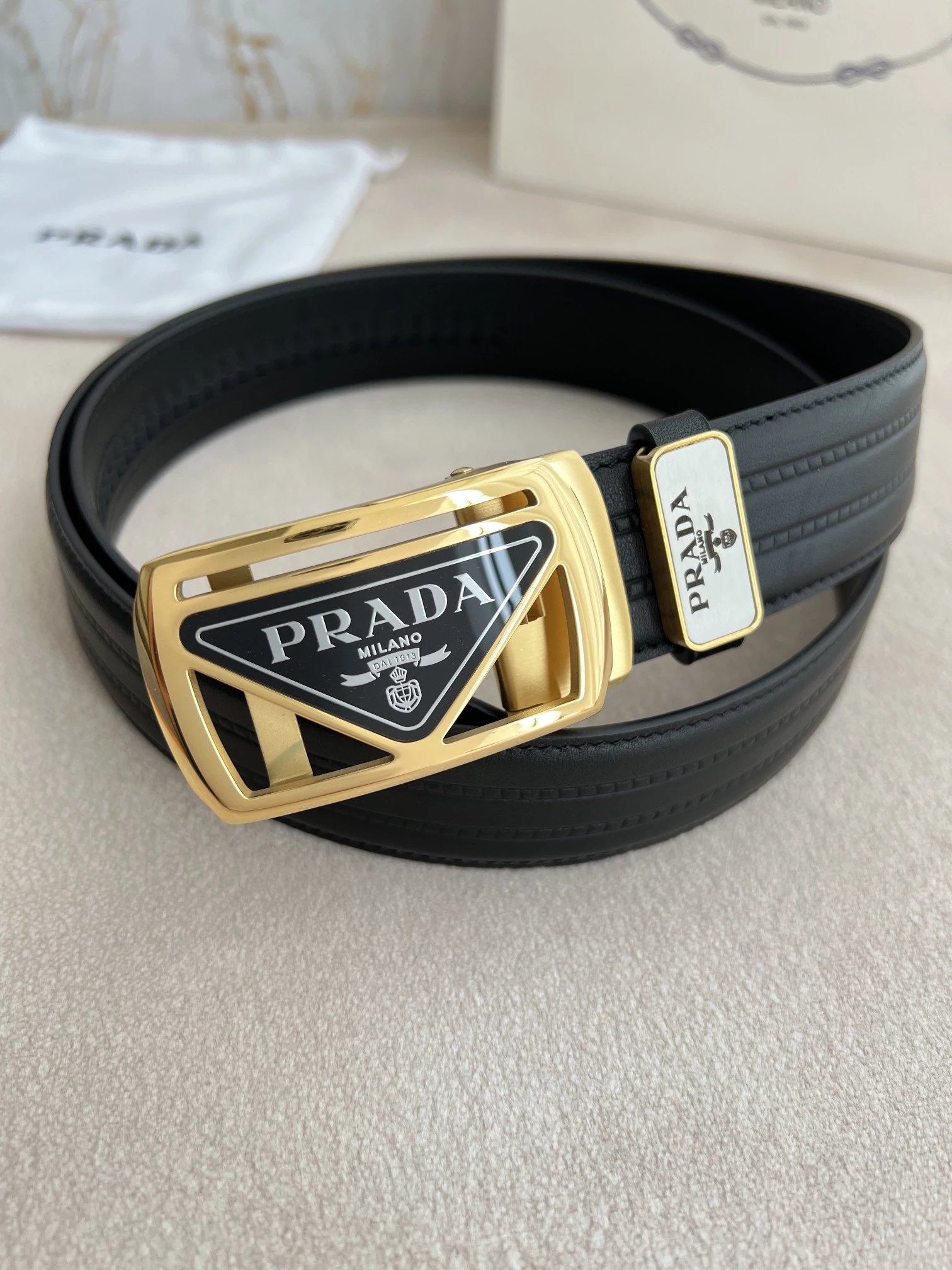 Prada Triangle Logo Saffiano Leather Belt Tan - 13