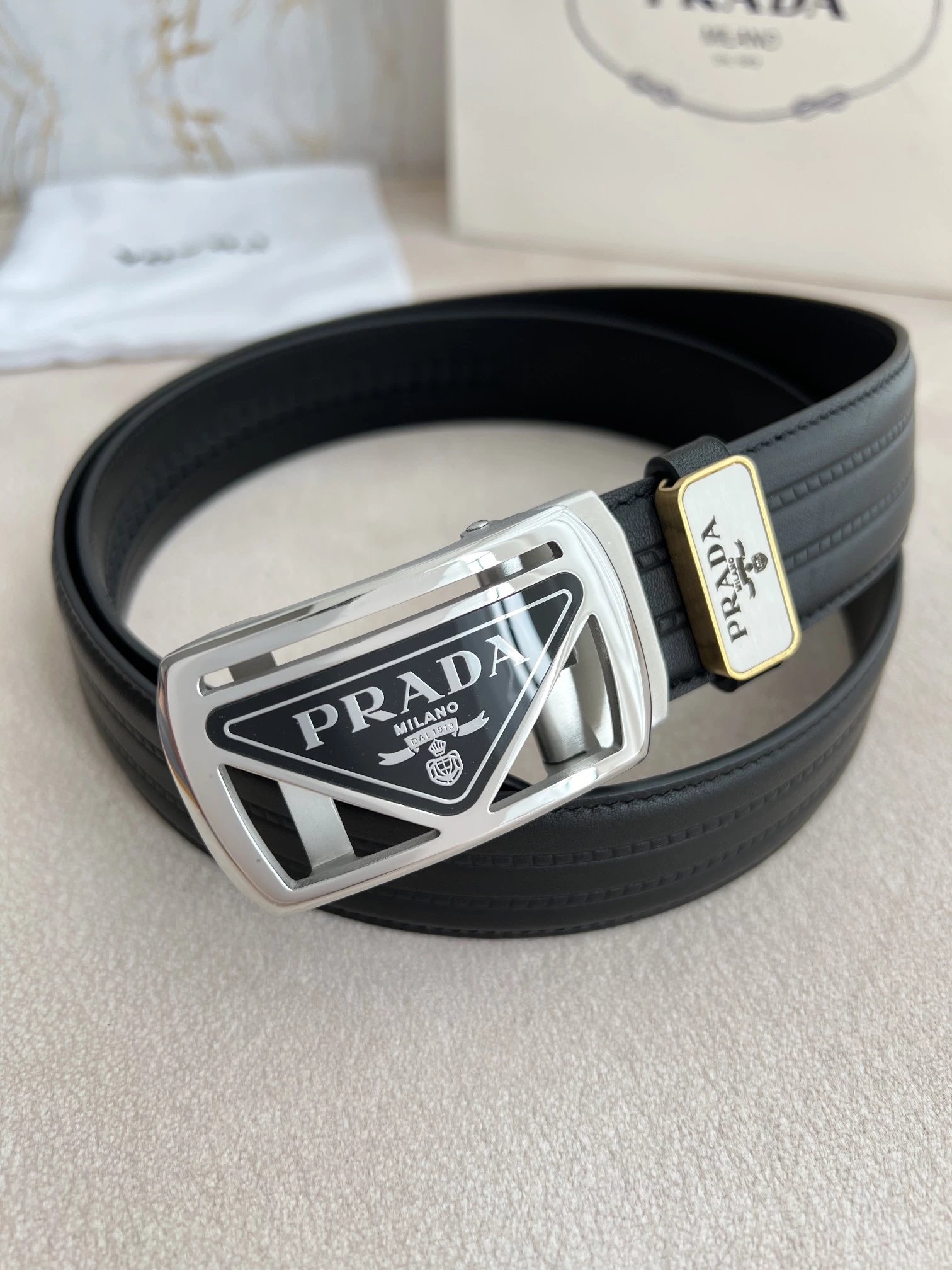 Prada Triangle Logo Saffiano Leather Belt Tan - 14