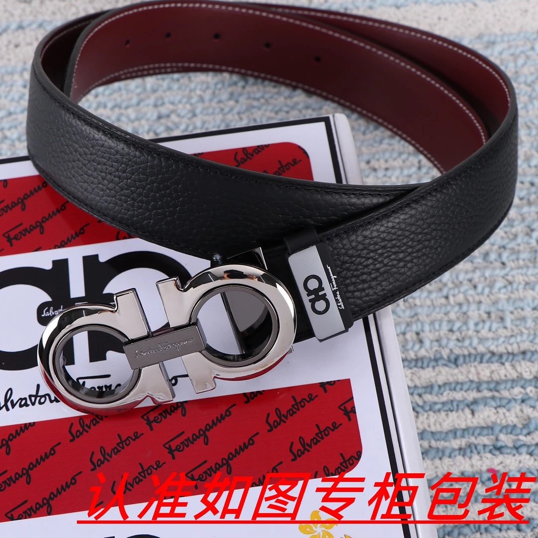 Salvatore Ferragamo Gancini Leaf-Embossed Gold Buckle Black Leather Belt - 7
