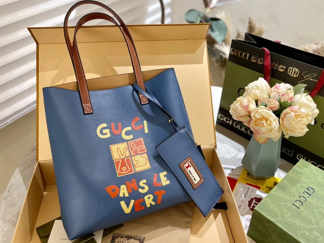 Gucci Bamboo Top Handle Tote in Tan with Sky Blue Trim and Web Strap Handbags - 7