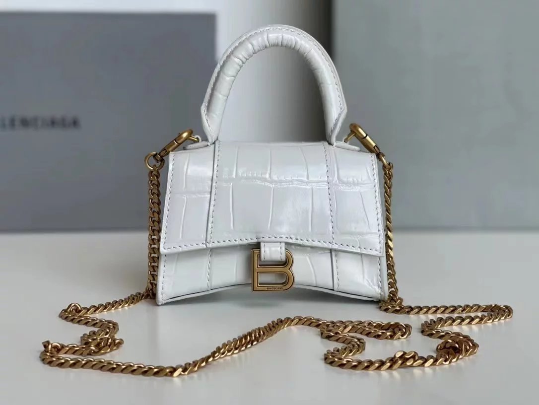 Balenciaga Hourglass Mini White Croc-Embossed Chain Bag Shoulder Bags - 11