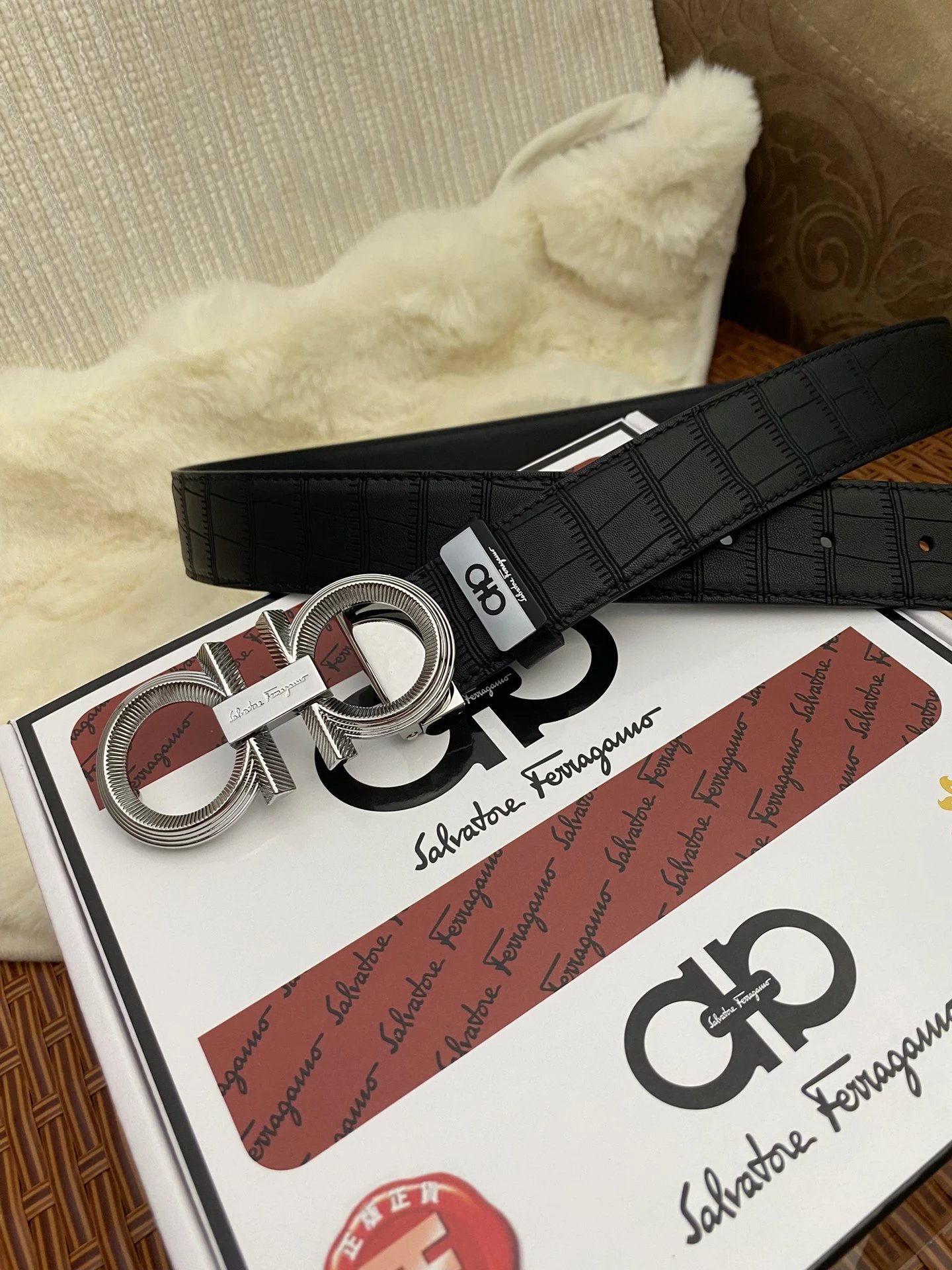 Salvatore Ferragamo Gancini Double Gancini Buckle Black Leather Belt - 13