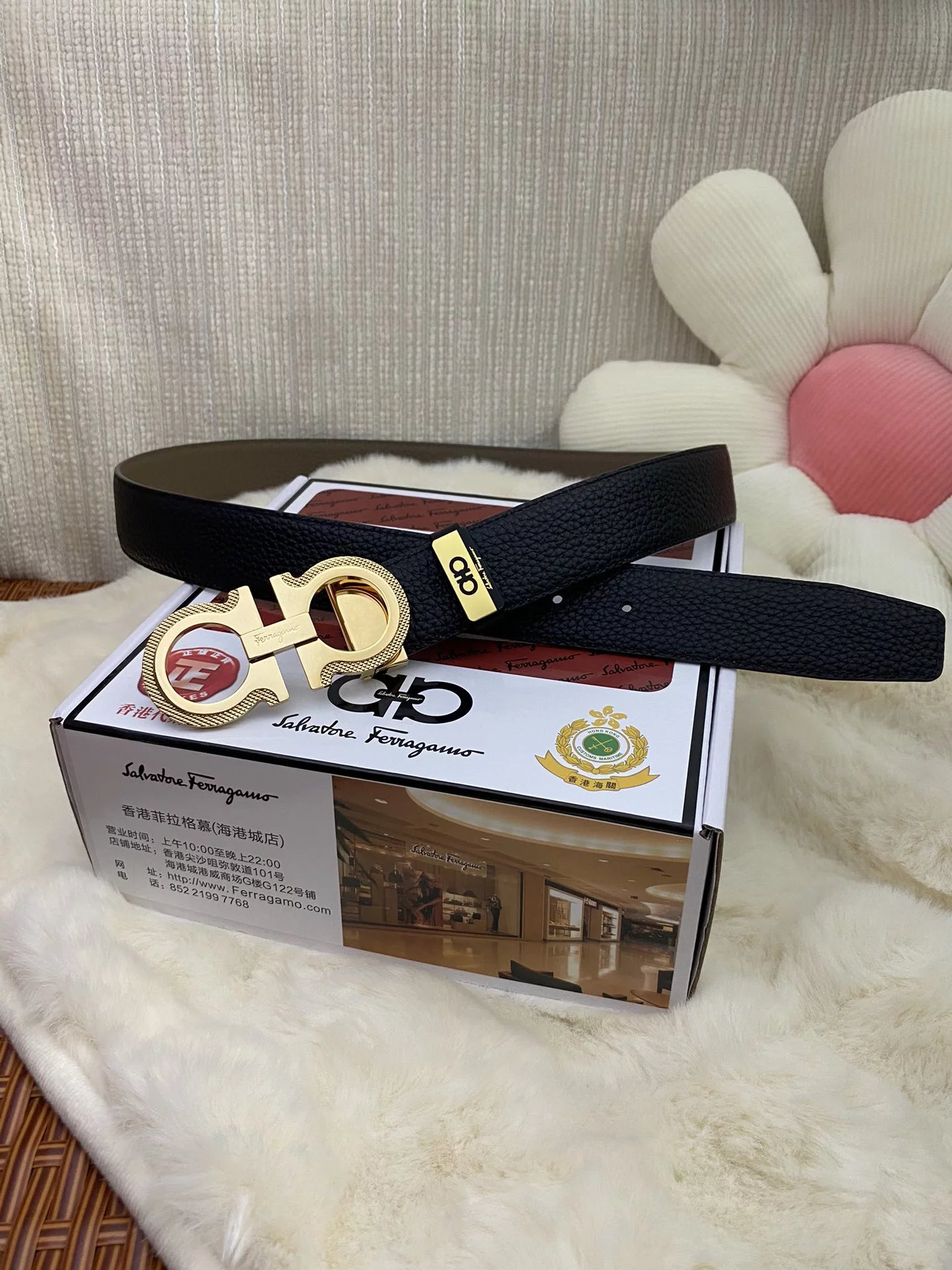 Salvatore Ferragamo Gancini Double Gancini Buckle Black Leather Belt - 2
