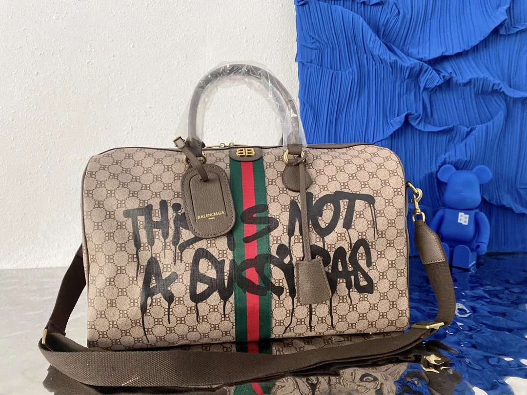 Balenciaga x Gucci Boston Bag Gray Graffiti Print Duffle Bag - 2