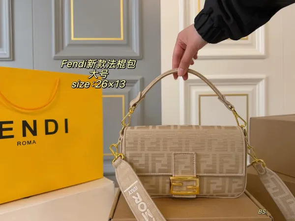 Fendi Baguette Mini Beige FF Logo Chain Shoulder Bag - 27