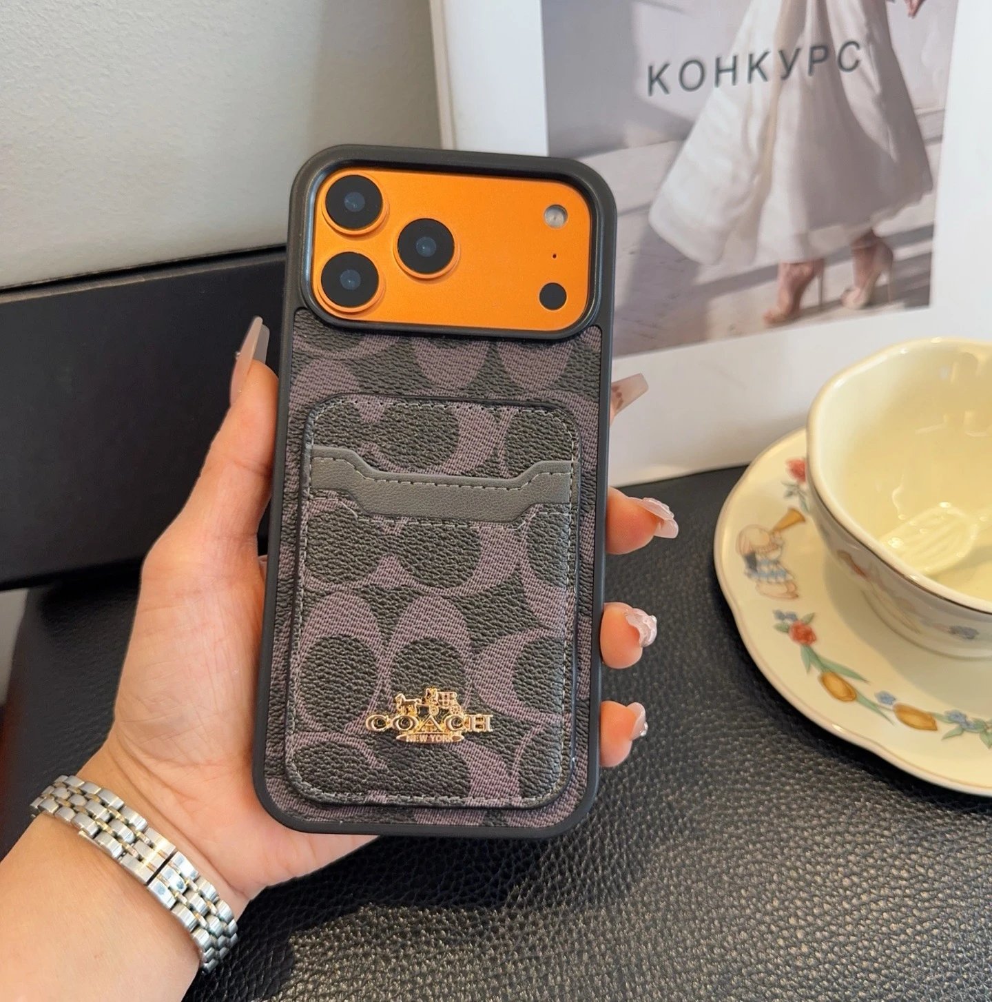 Dior Lady Dior Quilted Phone Case Black with Orange Camera Cutout - 6