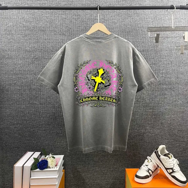 Chrome Hearts Floral Cross Graphic Washed Gray T-Shirt - 1