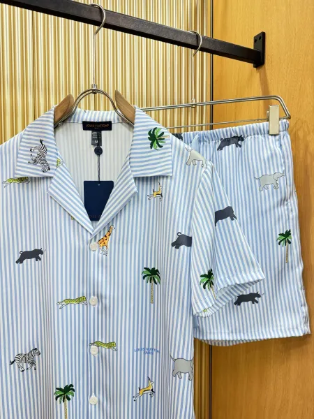 Louis Vuitton Monogram Print Silk Shirt and Shorts Set White Lime Green - 13