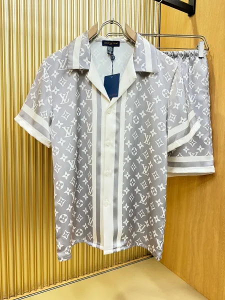 Louis Vuitton Monogram Print Silk Shirt and Shorts Set White Lime Green - 23