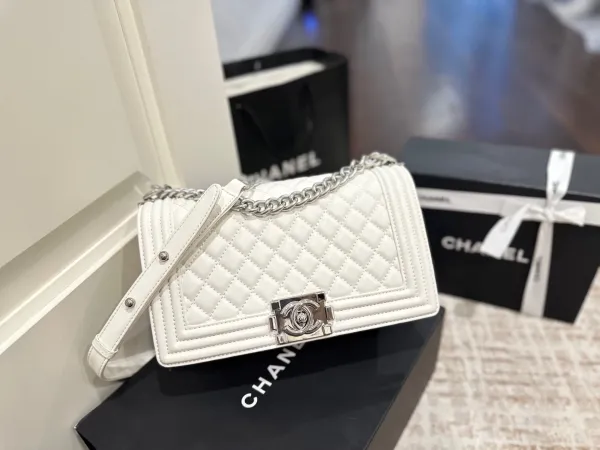Chanel Boy Bag White Quilted Leather Chain Shoulder Bag - 1