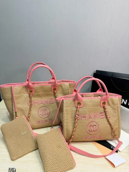 Chanel Raffia Tote Bag Pink Beige Handbag - 1