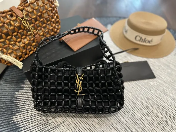 Saint Laurent Beaded Woven Mini Bag Natural Brown Shoulder Bags - 5