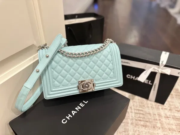 Chanel Boy Bag Light Blue Quilted Lambskin Crossbody Bag - 1