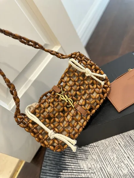 Saint Laurent Beaded Woven Mini Bag Natural Brown Shoulder Bags - 8