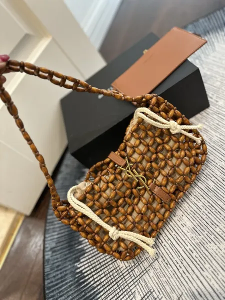 Saint Laurent Beaded Woven Mini Bag Natural Brown Shoulder Bags - 1