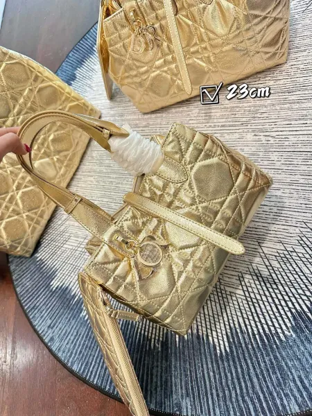 Dior Lady Dior Metallic Gold Quilted Handbags Set - 3