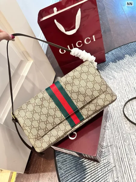 Gucci GG Marmont Web Stripe Shoulder Bag Beige Canvas Crossbody Bag - 1