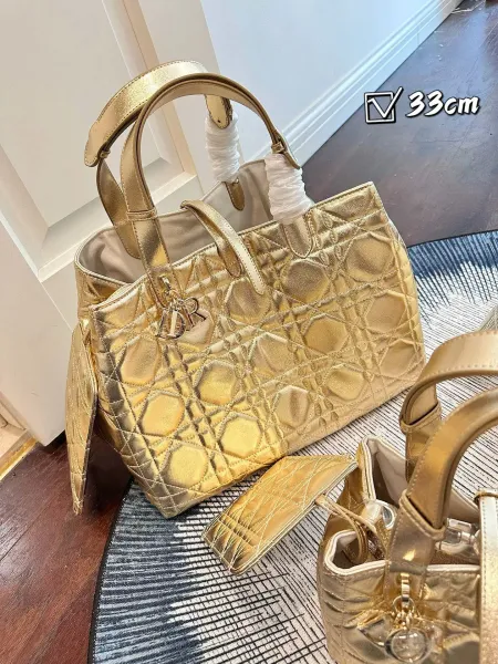 Dior Lady Dior Metallic Gold Quilted Handbags Set - 9