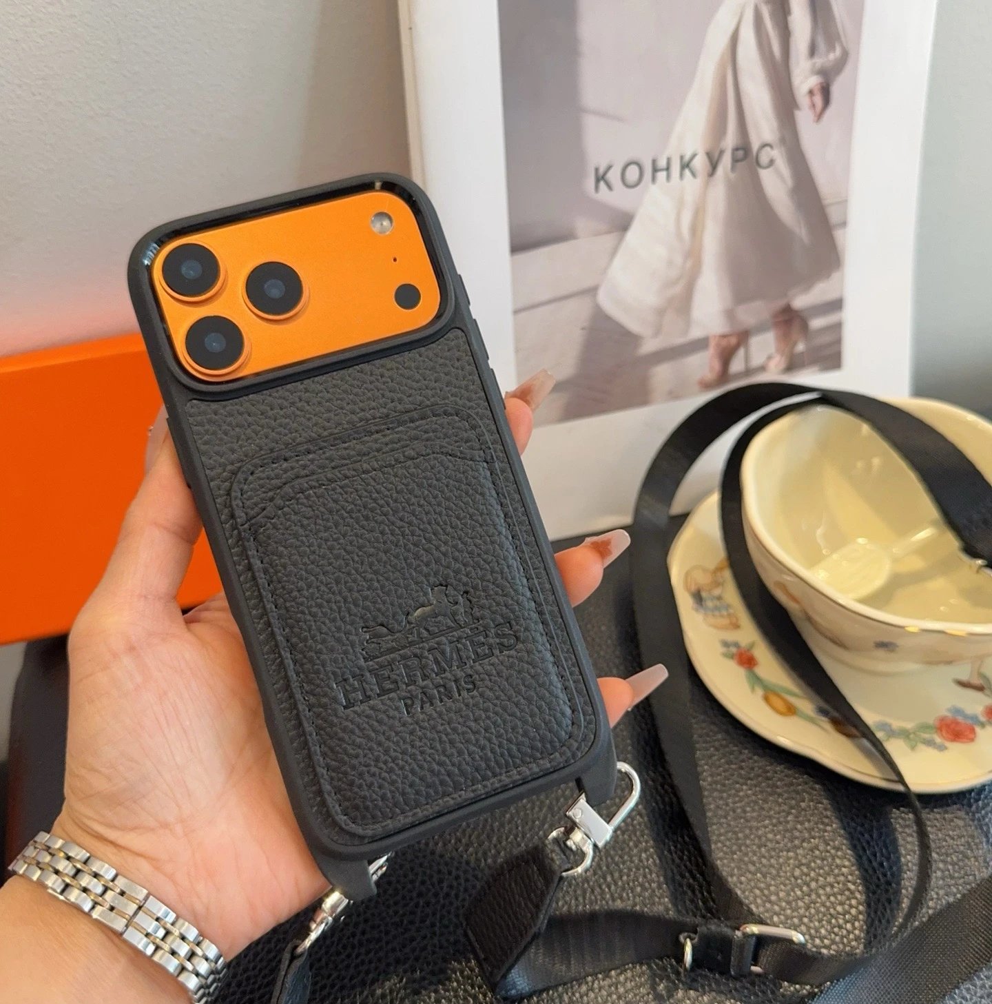 Prada Saffiano Leather Phone Case with Card Holder and Mini Crossbody Strap in Red Phone Accessories - 48
