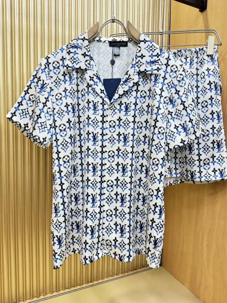 Louis Vuitton Monogram Print Silk Shirt and Shorts Set White Lime Green - 2