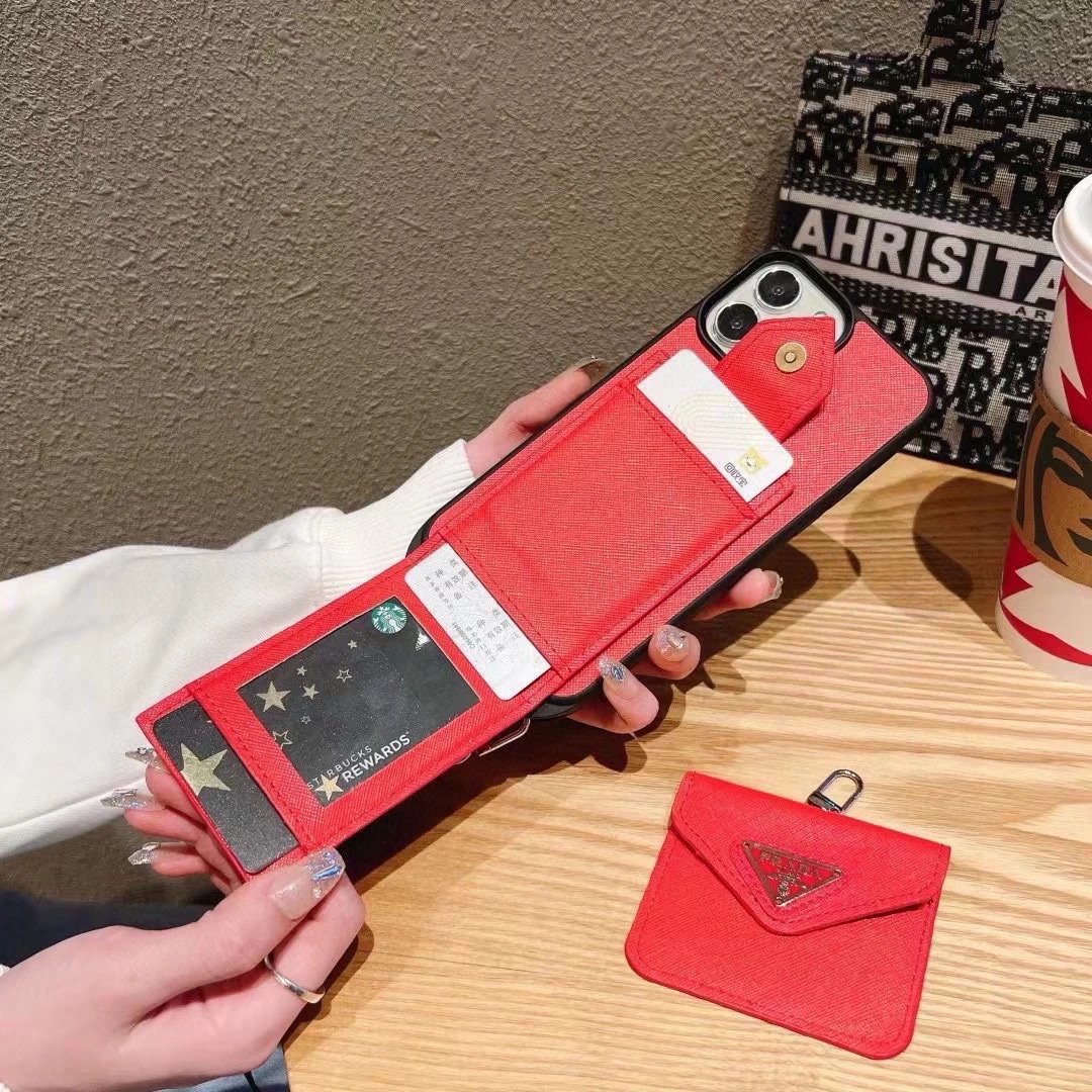 Prada Saffiano Leather Phone Case with Card Holder and Mini Crossbody Strap in Red Phone Accessories - 72