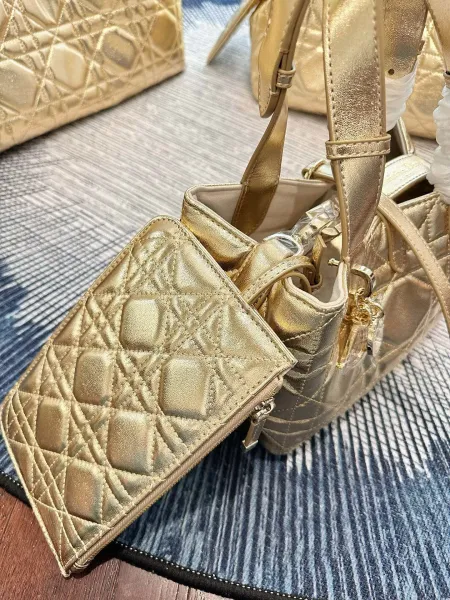 Dior Lady Dior Metallic Gold Quilted Handbags Set - 8